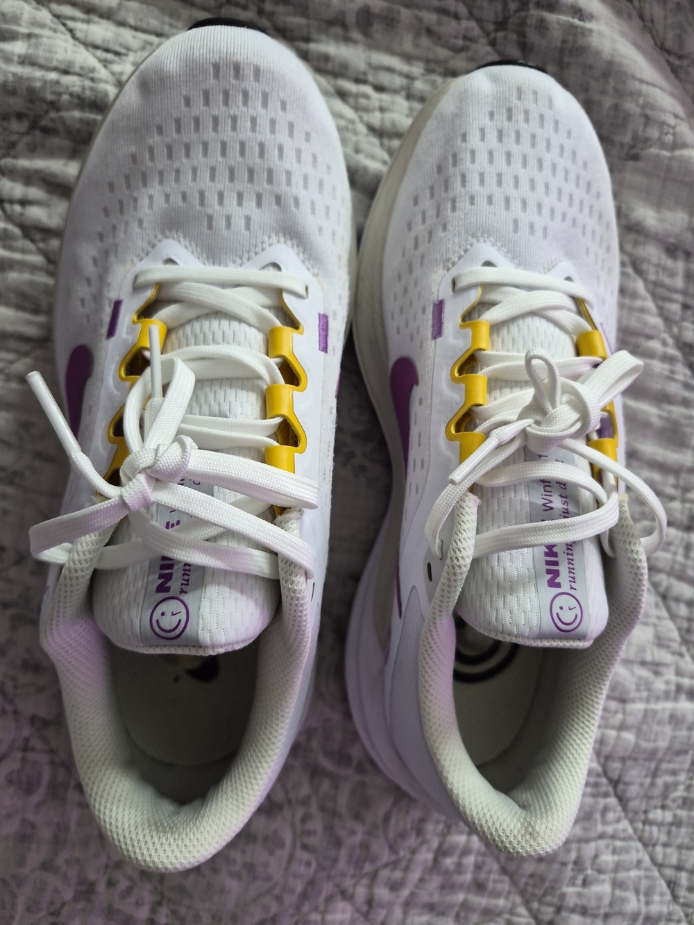 Nike White Women's Sneakers with Purple Swoosh and Yellow Accents
